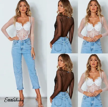 Новое Женское летнее боди с длинным рукавом сексуальное Сетчатое прозрачное