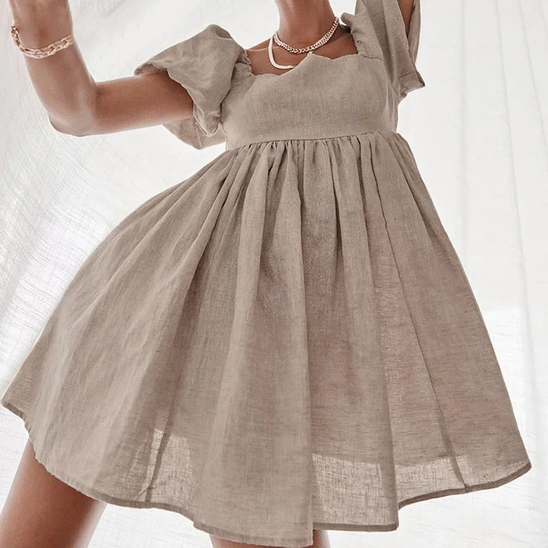 

Sweet Puff Sleeve Mini Dress Woman Square Collar Solid High Waist A-Line Dress 2021 New Summer
