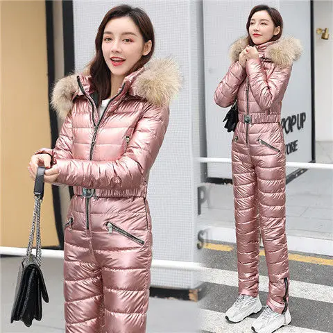 

Women 2021 Winter Hiking Jacket Pants Suit Female Fashion Large Fur Collar hooded Parka Cotton Pants 2 Piece Set Tracksuits D251