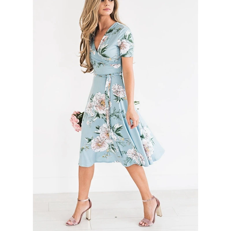 

Hot Sale Women's Summer Bohemian Floral V-Neck Loose Empire Short Sleeve Fashion Casual Belted Dress Midi Sundress