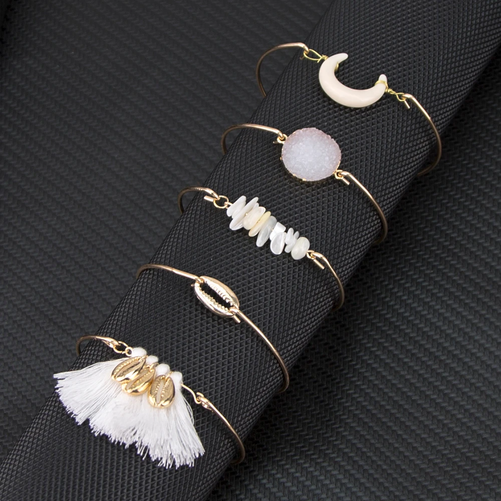 5 шт./компл. богемный натуральный лунный камень ракушка кисточка браслет из