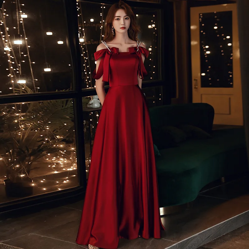 

Burgundy Bow One-shoulder Toast Bride Wedding Prom Dress Satin Queen Fashion Birthday Party Evening Fairy Princess Dress A111