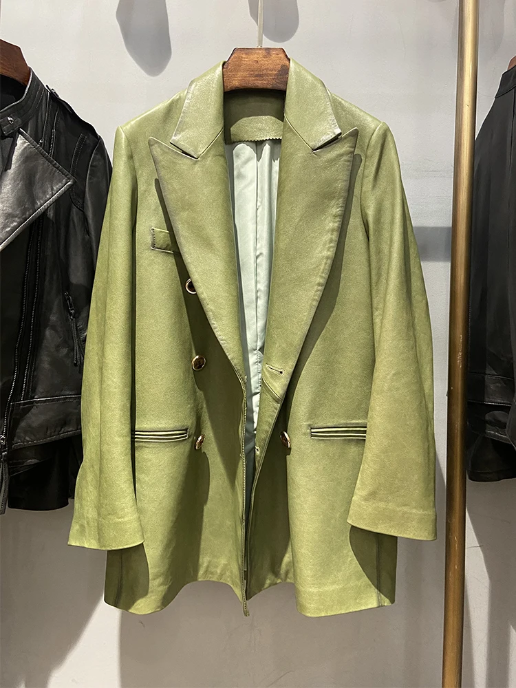 

High Quality Spring Women's Lady's Thin Real Sheepskin Leather Women Real Genuine Leather Long Green Color Jacket Coat