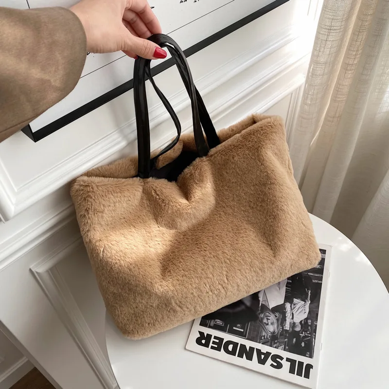 

Plush Shoulder Bag Winter Female Solid Color Larger Capacity Velvet Handbag Women Fshion Shopper Underarm Bucket Bags