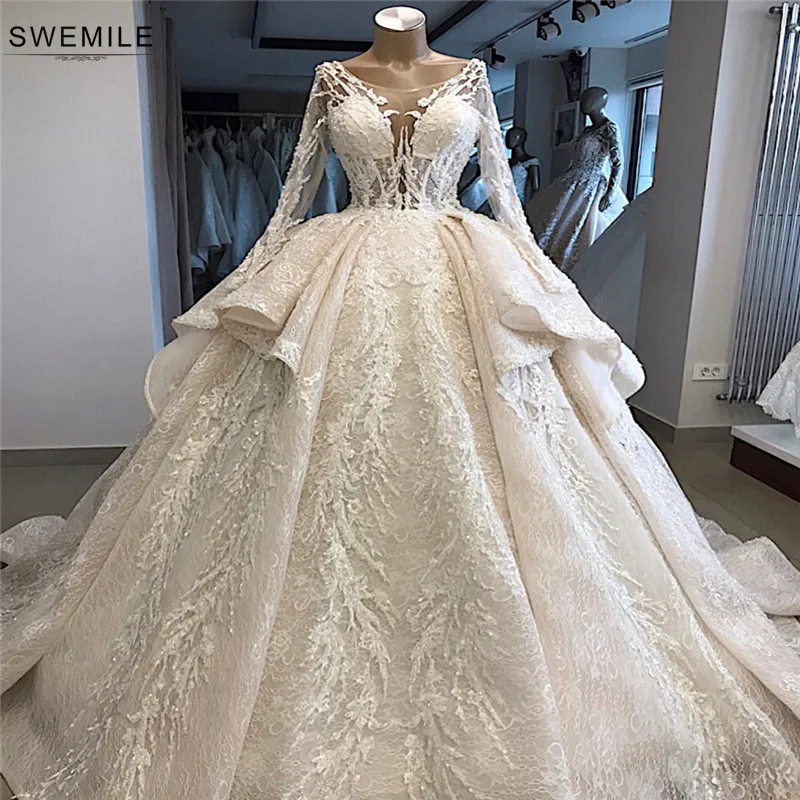 Robe De Mariee Роскошные бисерные кружевные бальные Свадебные платья дизайн с длинными рукавами многоуровневые Свадебные платья Vestido De Noiva