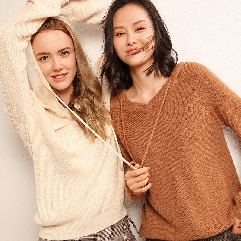 Simple European American Autumn Winter Pink New Hooded Solid Cashmere Sweater for Women Burgundy High Street Pullovers | Женская одежда