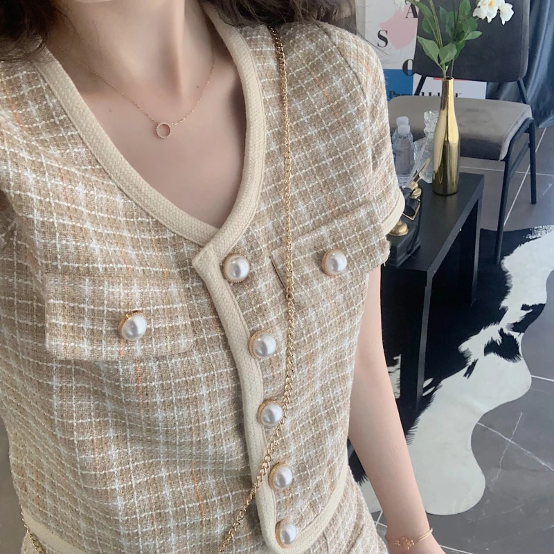 

2021 Summer Tweed Skirt Suit New Fashion Elegant Women Sexy Short Sleeve Single-Breasted Tops + Mini Skirt Set 2 Piece sets