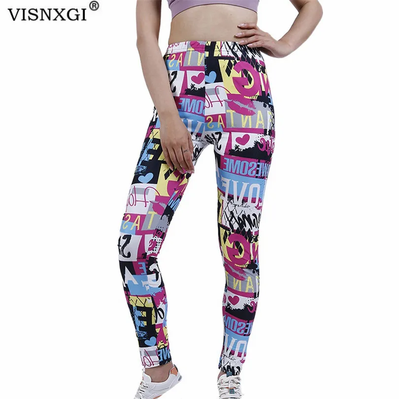 

VISNXGI Print Leggings Women Pants Sport Fitness Gym Clothing Push Up Knitted Workout High Waist Colored Letter Love Pattern