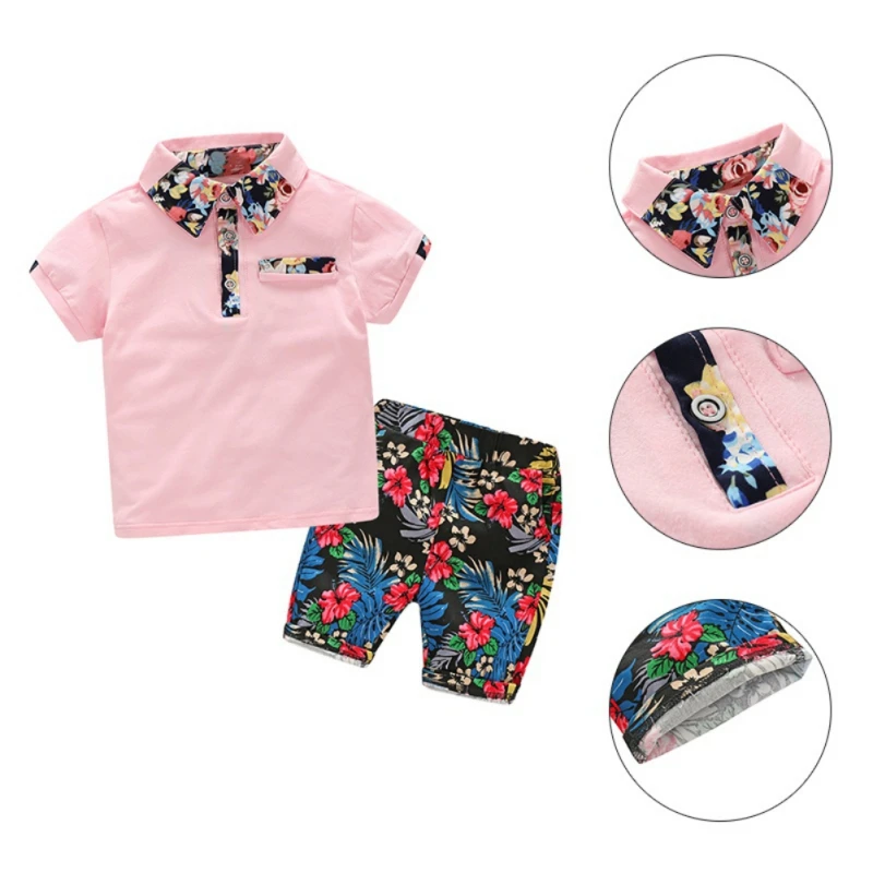 

bobora Summer Infant Baby Boy Turn-down Collar Short Sleeve T-shirt Tops+Floral Shorts Trousers 2 Pcs Outfits Set