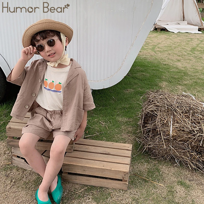 Humor Bear/Коллекция года, японский корейский стиль, хлопковая и льняная одежда для мальчиков, комплекты для детей, универсальная однобортная рубашка+ шорты, комплект из 2 предметов