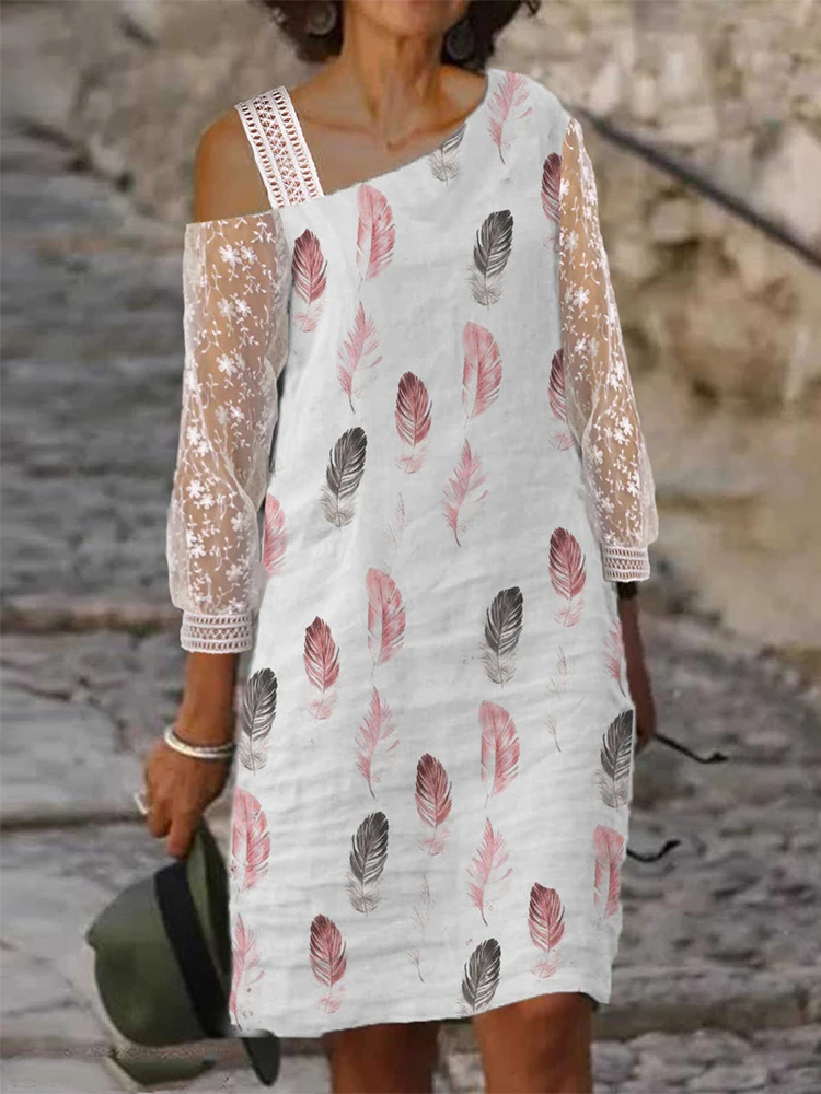 

Women's Fashion Embroidered Lace Sleeve Mini DressSexy Off Shoulder Braid Straps Dress 2022 Spring Floral Print Loose Dress