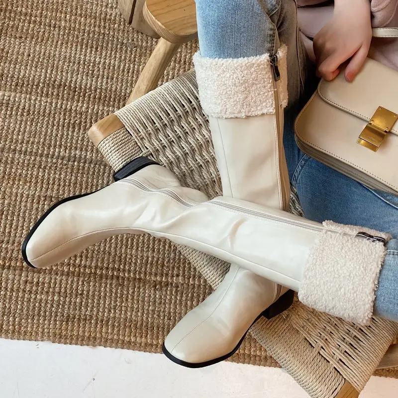 

RIZABINA Real Leather Women Knee Boots Flats Rouns Toe Zipper Shoes Winter Warm Boots Women Fahion Party Footwear Size 33-40