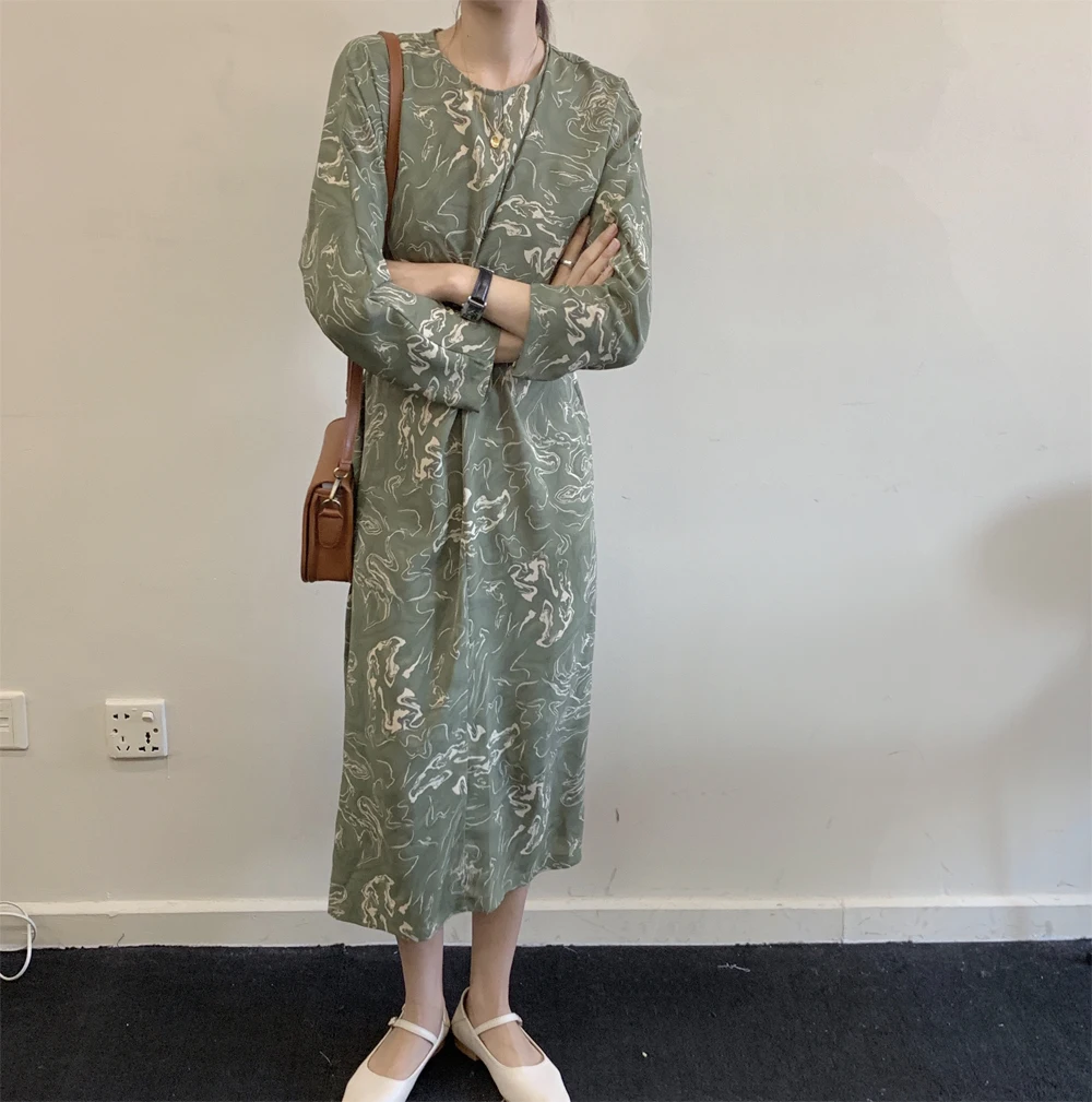 

Vintage Chic Long Sleeve Print Dresses Women Elegant Flower Slit Adjustable Waist Dress Female 2021 Spring