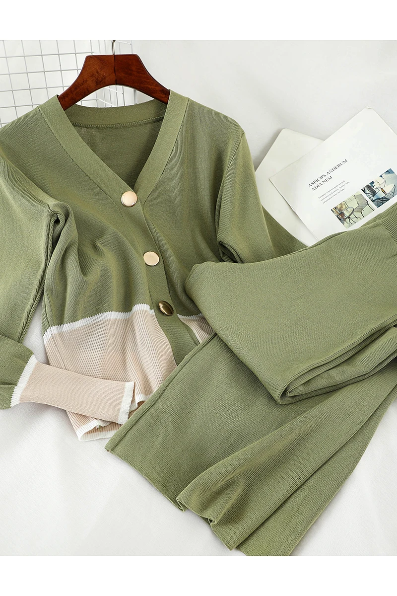 

Temperament Fashion Lady Suit Female autumn Short Knitted Cardigan Jacket + Wide leg Casual trousers Knitted two-piece Female