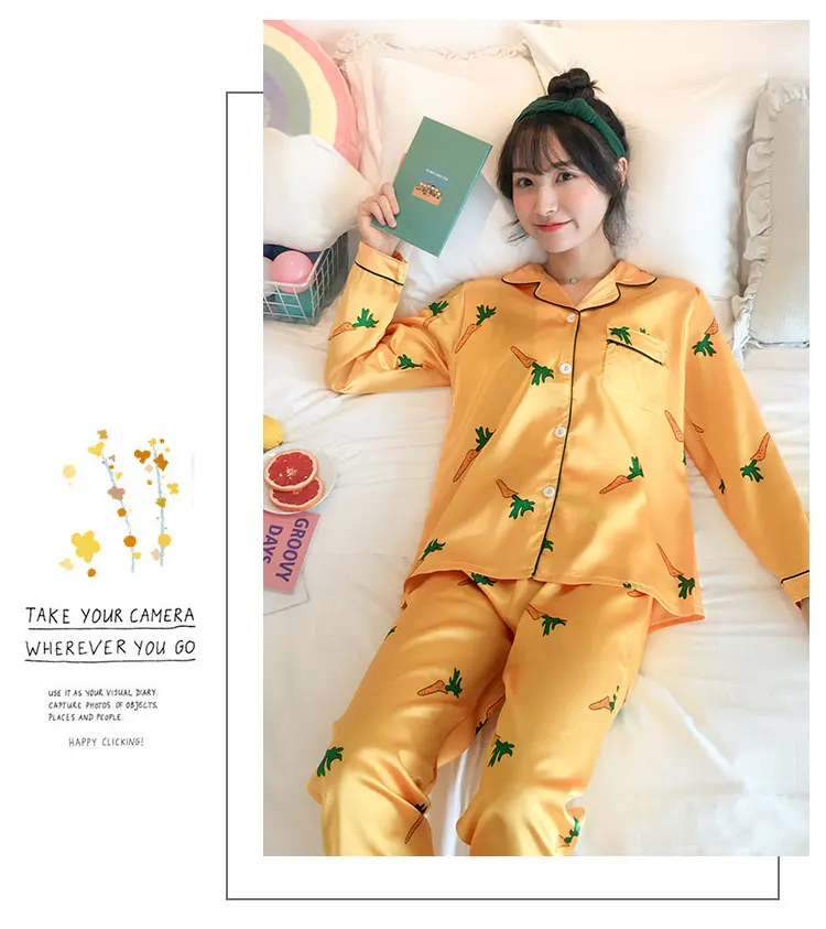 Имитация шелка осень весна кардиган с длинными рукавами пижамы костюм дамы досуг