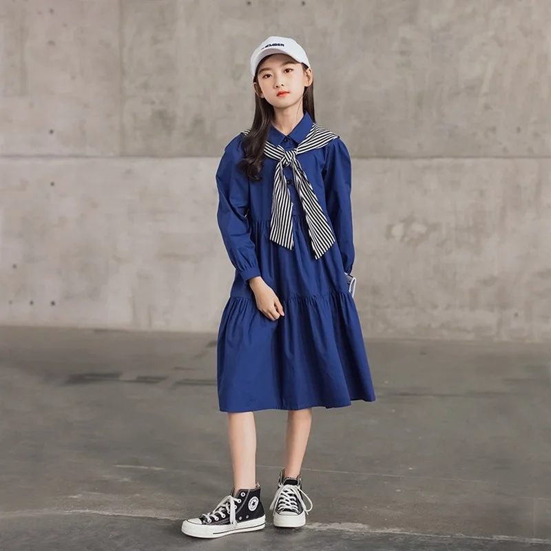 

6 To 16 Years Girls Shirt Midi Dress Teen Children Cotton Dress with Shawl 2022 New Baby Kids Clothes ruffles Buttons ,#6487