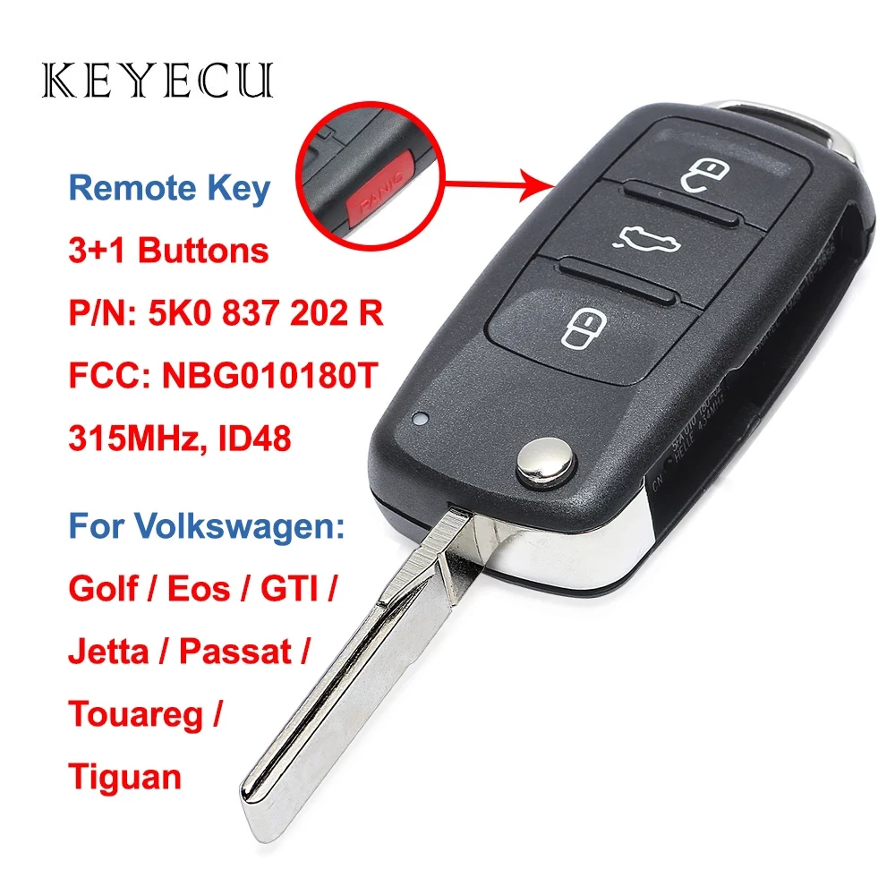 

Keyecu Remote Key 3+1 Buttons 315MHz ID48 for Volkswagen VW Golf Eos GTI Jetta Passat Touareg Tiguan CC, 5K0837202R, NBG010180T