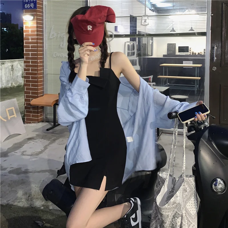 

Рубашки в Корейском стиле, топы, новинка 2021 года, приталенное платье с разрезом в стиле девушки, маленькое черное платье на бретельках, женск...