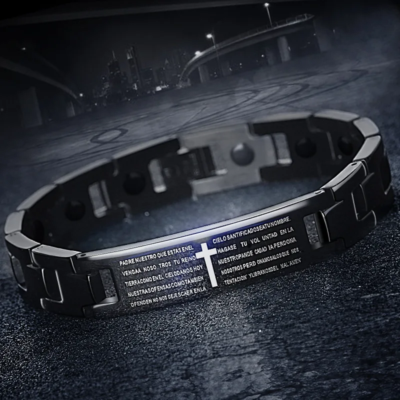 

Black Cross Bracelet European and American Scripture Titanium Steel Bracelet Men's Titanium Germanium Magnet Headdress Slimming