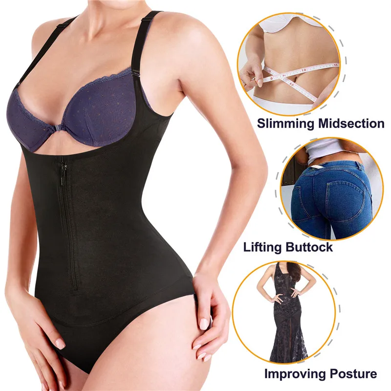 Bafully Body Shaping Women Bodysuit Thong Reducing Shapewear Slimming Waist Trainer Zipper Tummy Shapers Control Modeling Straps
