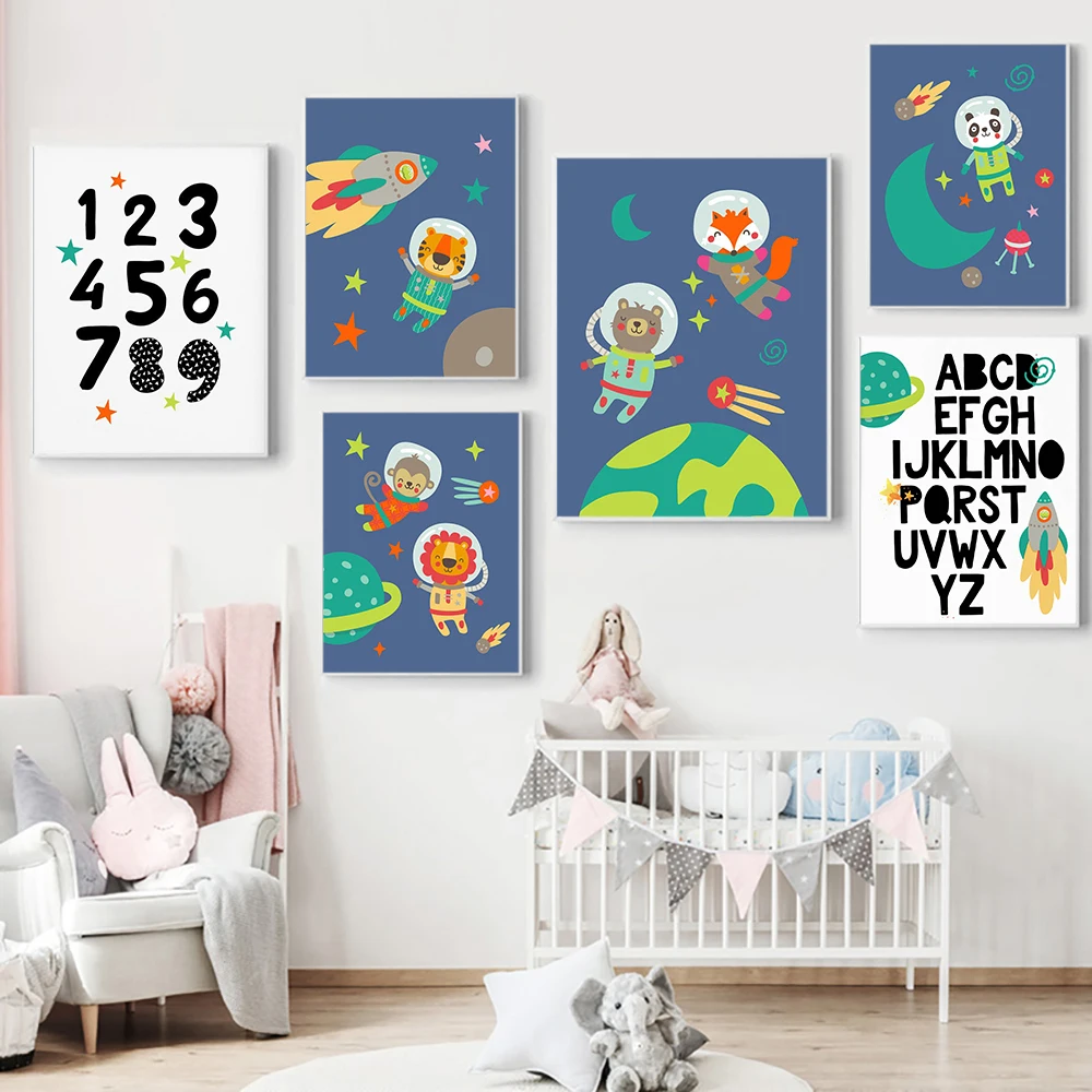 

Astronaut Planet Space Balloon Wall Art Canvas Prints Posters Cartoon Animal Bear Wall Pictures For Nursery Kids Decor Nordic