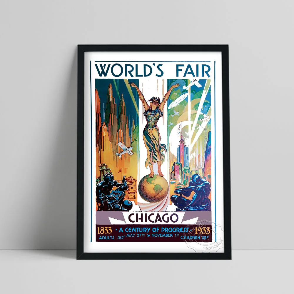 

Chicago World'S Fair Exhibition Poster, 1833 A Century Of Progress 1933 Print, Vintage Wall Decor, Woman On Globe Wall Stickers