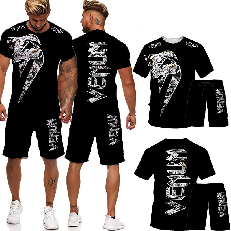 

2 Pcs Cool 3D Cobra Kai Print T-Shirts+Shorts Sport Suit Men's Gym Training Fighter Sportwear Tracksuit Set Slim Fit Hot Sale