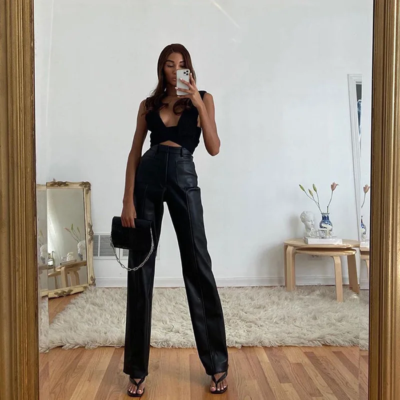 

Women Faux Leather Pant Pockets Straight Pant Trousers Autumn Elegant High Waist Office Lady Slim Vintage Leisure Pants