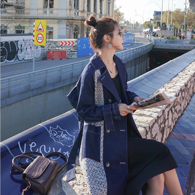 

Fashion Brand New Women Trench Coat Long Double-Breasted Belt Patchwork Lady Clothes Autumn Spring Quality Outerwear M130