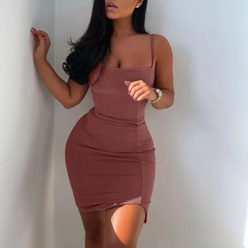 

Fashion Women's Dress New Summer Casual Hot Sale One-word Collar Pullover Solid Color Sexy Hollow Slim Suspender Dress Donsignet