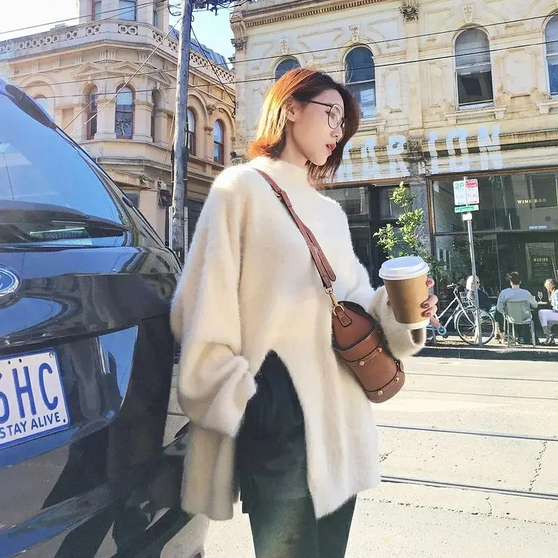 Aihuyigui Autumn Winter Splits High Collar Sweater Women's Heads Long Loose Knitted Streetwear Jumper Dr732 | Женская одежда