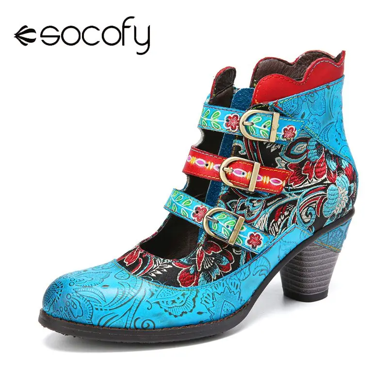 

SOCOFY Retro Style Genuine Leather Boots Flower Embroidery Splicing Elegant Metal Buckle Cutout Short Boots Botas Mujer 2020