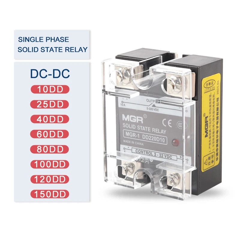 

SSR MGR DC Control DC Single Phase Solid State Relay 10DD 25DD 40DD 3-32VDC Input 5-220VDC Output 10A-150A Solid State Relay