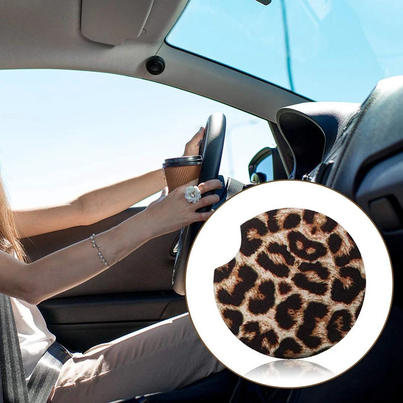 

4PCS 2.56in Leopard Car Coasters for Drinks Car Cup Pad Mat for Living Room Kitchen Office to Protect Car and Furniture