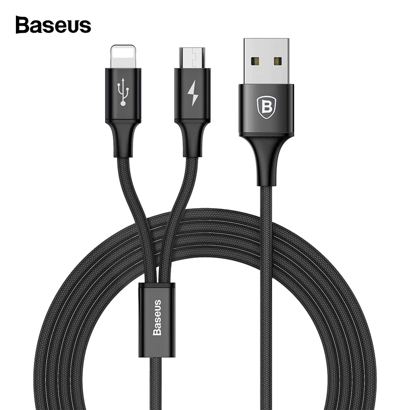 Baseus 2 в 1 USB кабель для iPhone Xs Max Xr X 8 7 6 6S Plus Быстрая зарядка Micro USB кабель для samsung Xiaomi кабель для мобильного телефона