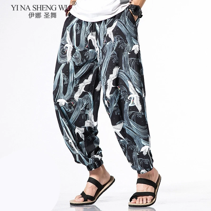 

Japanese Kimono Casual Loose Style Homme Trousers Men Pant Chinese Drawstring Bloomers Fashion Style Print Crane Samurai Pants