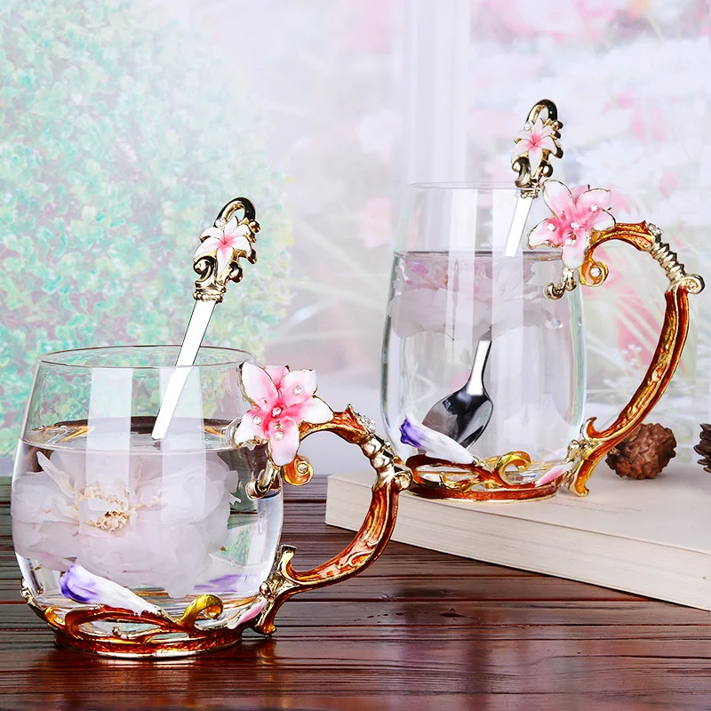 

Lily Flower Enamel Glass Cup With Spoon Heat-resistant Hand Grip Style Juice Coffee Cups For Birthday Valentine's Day Gift