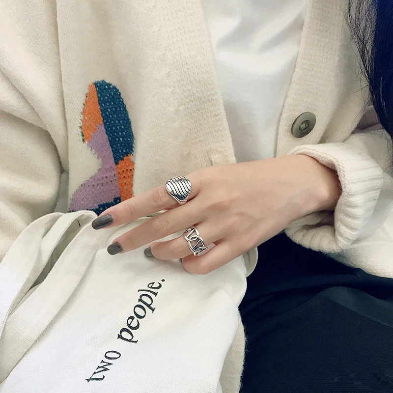 

YPAY 100% Genuine 925 Sterling Silver Adjustable Rings for Women Korea Vintage INS Geometric Rhombus Stripe Ring Jewelry YMR985