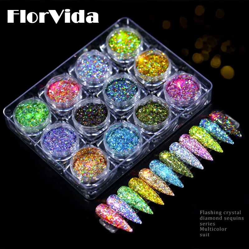

FlorVida 12pcs Set Nail Art Glitter Crystal Sequins Holographic Powder Mixed For Nails Design Manicure Decorations Kit A Dozen