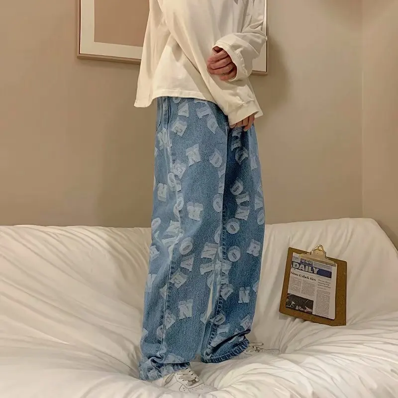 2021 Streetwear Abstract Funny Jeans Patchwork Printed Hip Hop Wide Leg Pants Men High Street hiphop | Мужская одежда