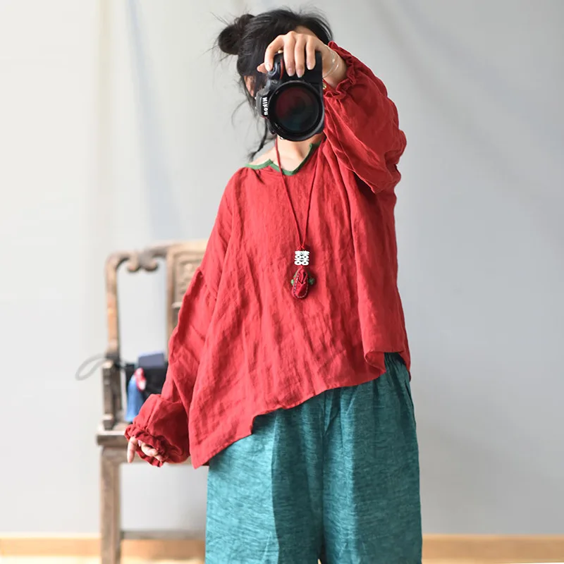 Женская хлопковая льняная рубашка с v образным вырезом новинка 2020 весенне летняя