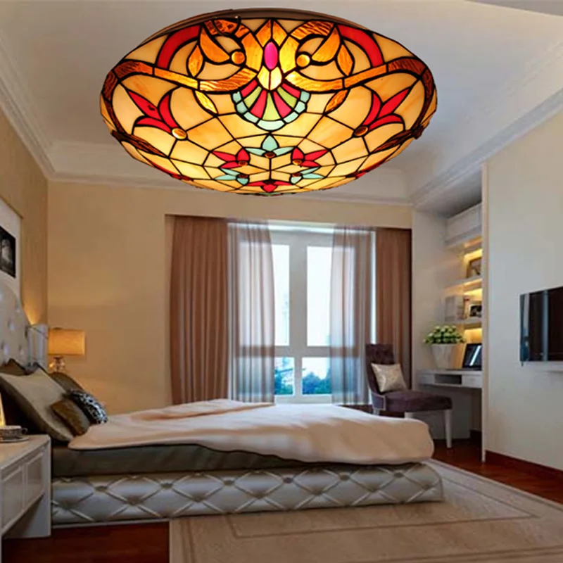

European butterfly 16 inch LED E27 110-240V Pastoral Ceiling Light Tiffany Round Glass Lampshade lamparas de techo abajur