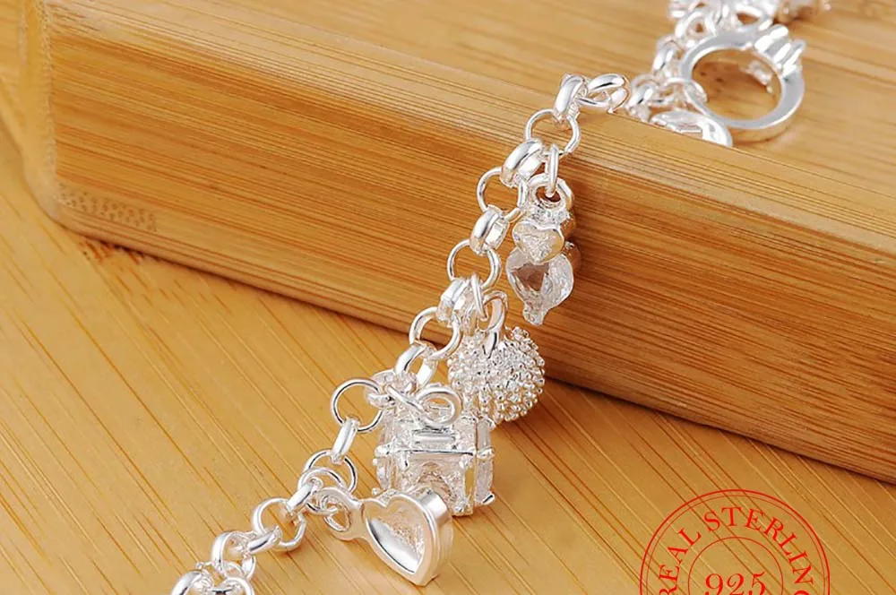 

925 sterling silver 13 charms Cross Lock Key Heart Star Moon Flower Zircon bracelet bangle women's fine jewelry Accessories