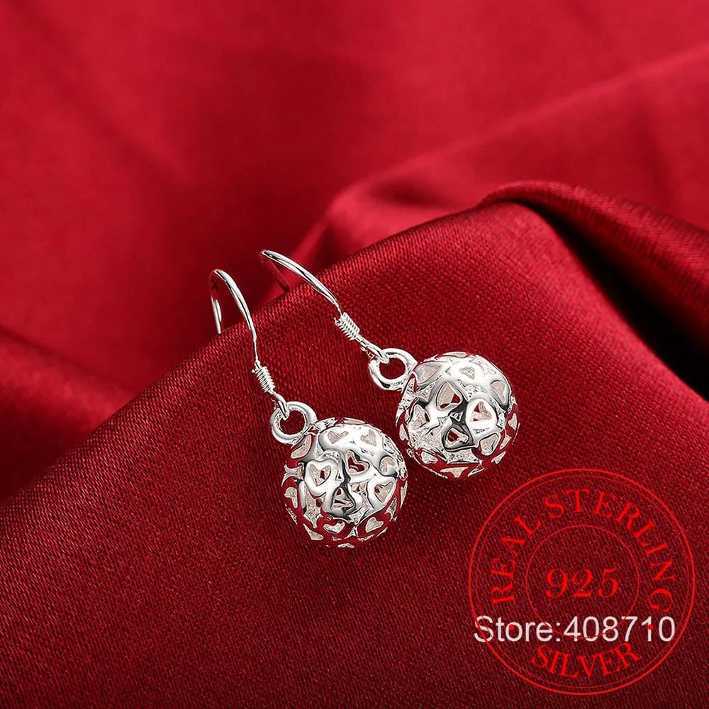 

925 Sterling Silver Hollow Ball Heart Drop Earrings For Woman Wedding Engagement Party Fashion Charm Jewelry