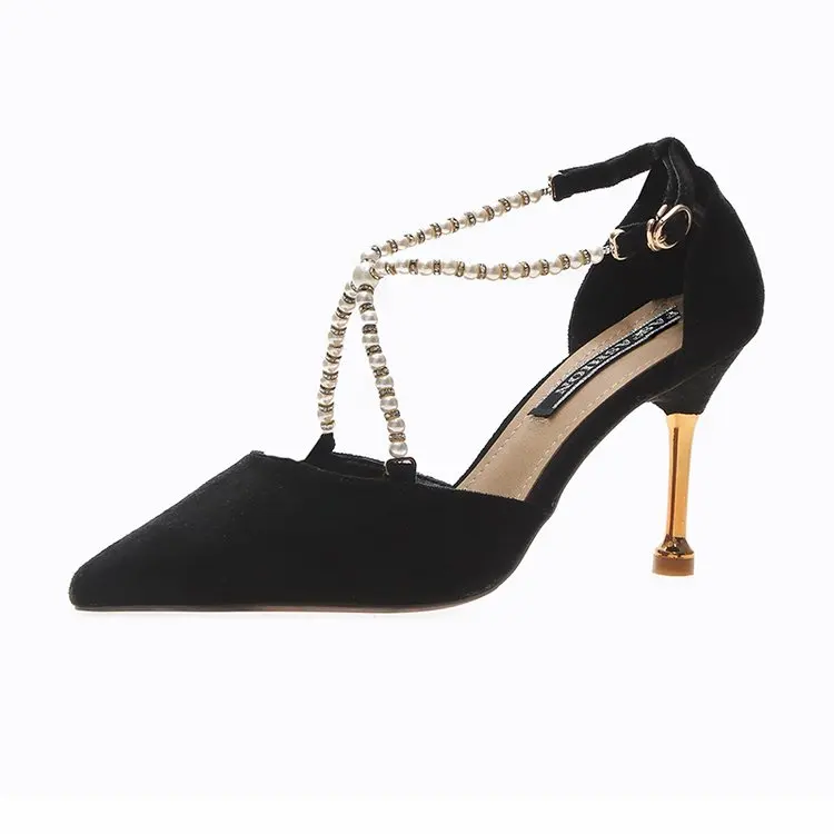 

2021 spring new high heel stiletto pointed single shoes wild temperament women's shoes pearl buckle hollow female sandals