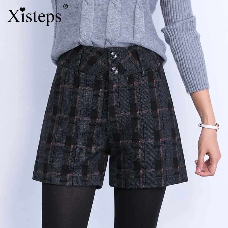 

Xisteps элегантные клетчатые твидовые женские офисные короткие зимние осенние теплые черные короткие женские свободные строчки с высокой тал...