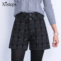 xisteps elegant plaid tweed women office short winter autumn warm black short high waist female loose plus size