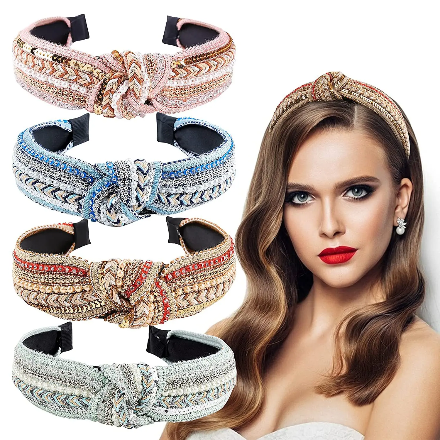 

Hair Band 2021 Ethnic Wind Diamond Sequined Pearl Headband Hairpin Pressure Hair Knotted Fabric Headband Accessories for Girls