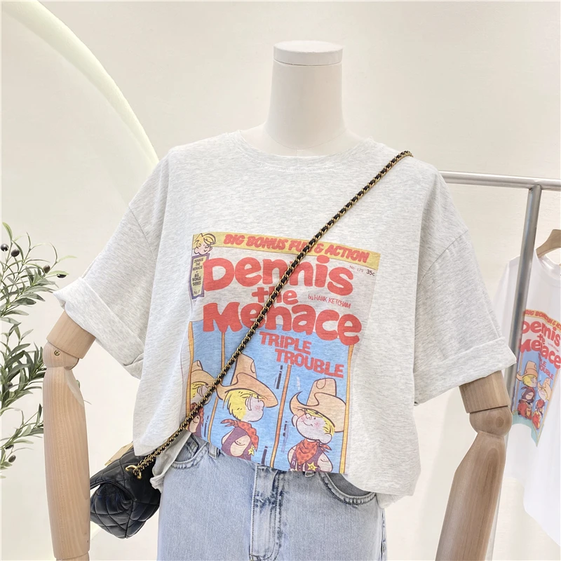 

2021 summer women new Korean Retro Cartoon Printed Short Sleeve round Neck Short Sleeve T-shirt Female Student Top