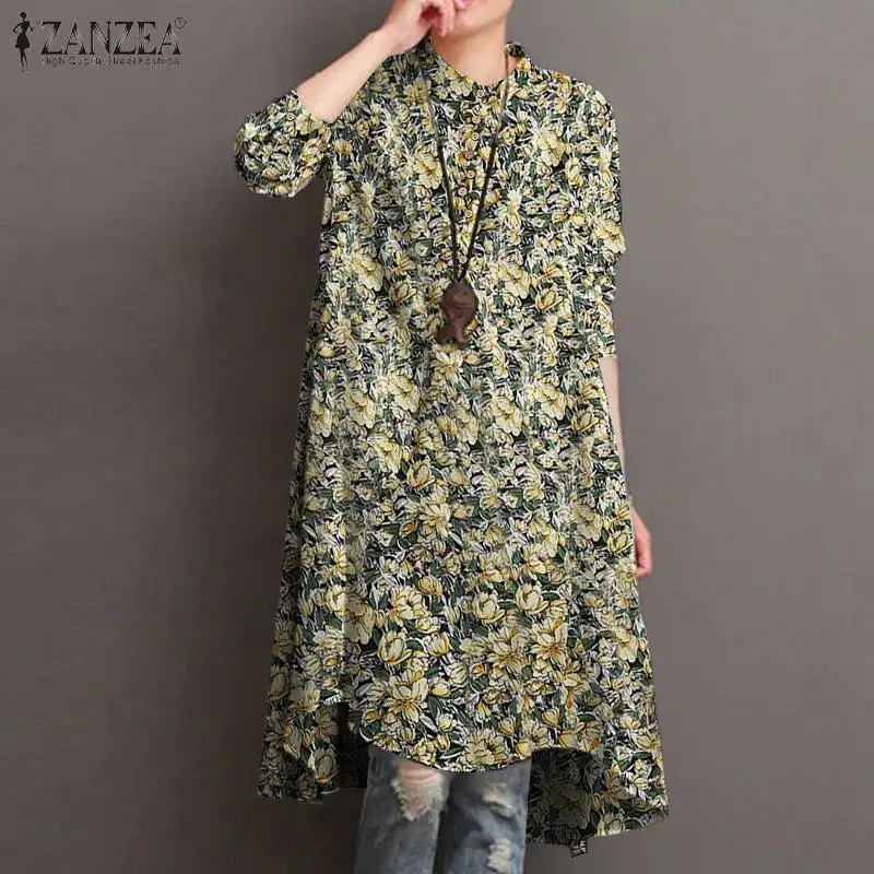 

ZANZEA Loose Button Asymmetric Hem Tunic Tops Oversized Long Sleeve O Neck Blouse Women Casual Bohemian Print Shirt Female Blusa